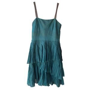 Vera Wang Lavender Label Cotton Dress Slvls Pleated Peacock Green Pleats Sz 8